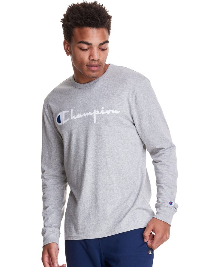 Champion Herre T-Shirts Grå - Long-Sleeve Lightweight Script Logo - Danmark KSM-801572